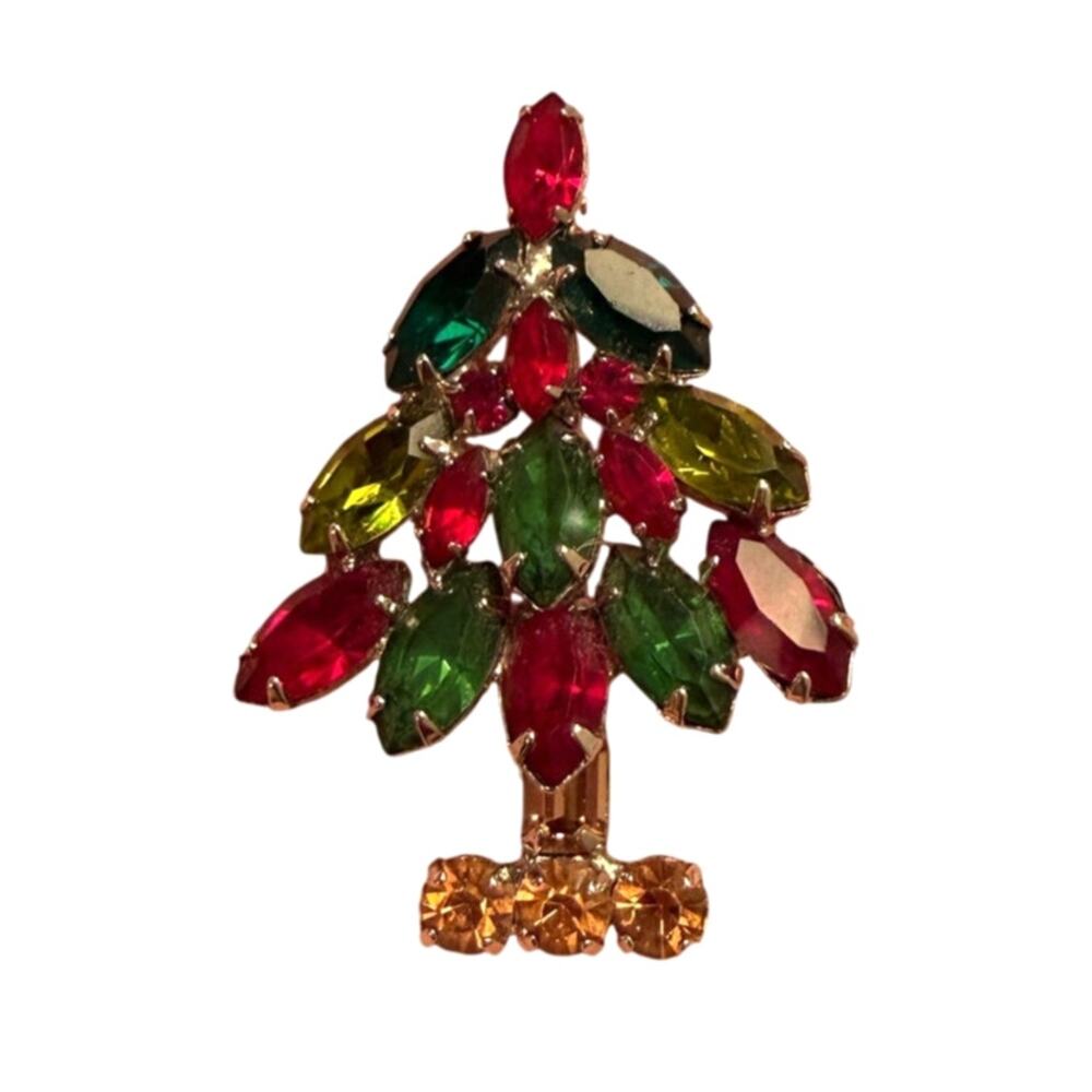 Vintage Napier Rhinestone Christmas Tree Brooch Red Green Holiday Pin Signed